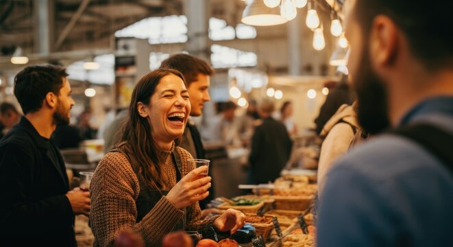 Diverse group enjoys vibrant market gathering with smiling young woman