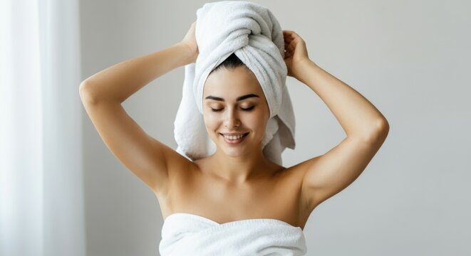 Young hispanic woman smiling with towel wrapped hair