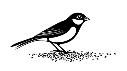 Obraz premium Sparrow standing on the ground, pecking at grains scattered across the dirt, Animal Digital Art