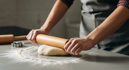 Young adult rolling dough with pin on floured surface in kitchen