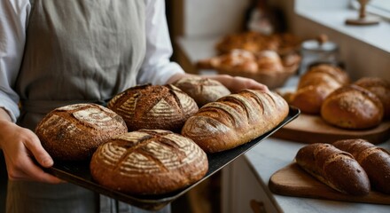 Bread selection displayed on tray in artisan bakery setting