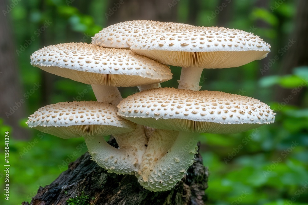 Poster cluster of beautiful white mushrooms with intricate textures, thriving on a decayed log in a lush gr