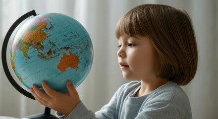 Fototapeta premium Curious caucasian child exploring world globe indoors