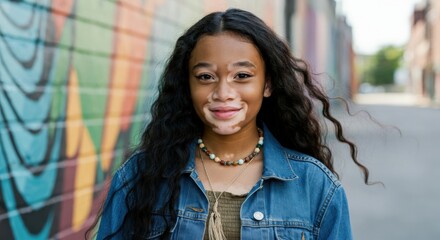 Portrait of a young woman with long hair in urban alley with colorful mural background