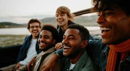 Fototapeta premium Diverse group of young adult friends laughing outdoors by a lake