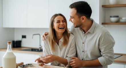 Young caucasian couple laughing and baking together in modern kitchen