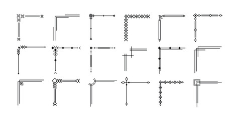 Simple geometric line corners. Elegant corner decorative flourishes, borders with minimalist geometric patterns. Modern and clean linear framing graphic styles vector set.