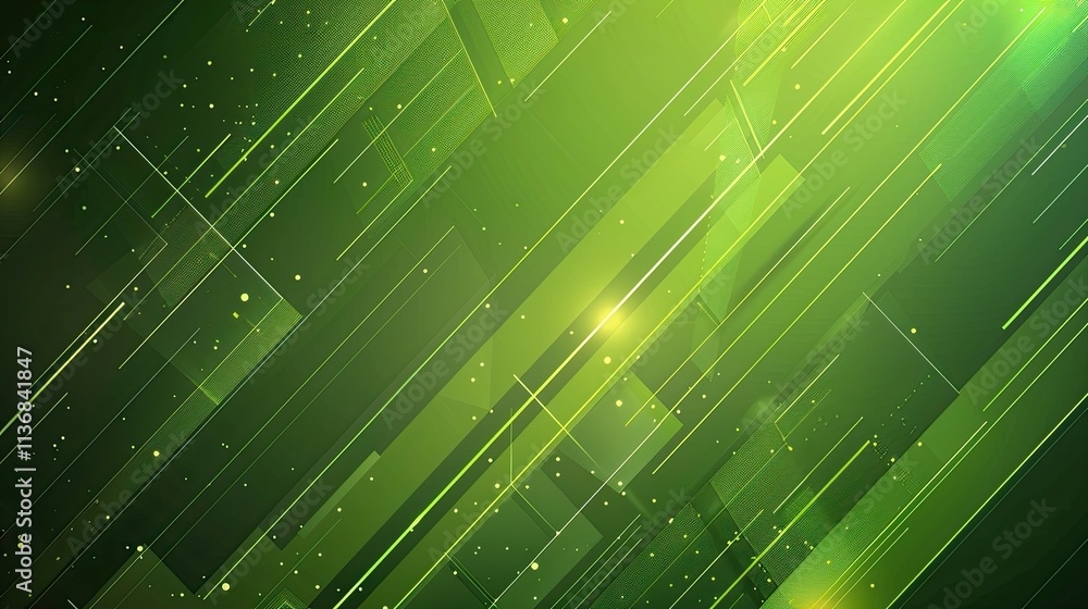 Poster abstract green background with dynamic lines and light effects for design purposes.