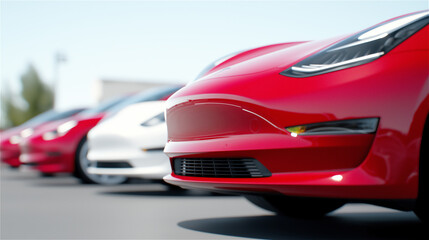 Fototapeta premium A close-up view of sleek red cars lined up on a bright day, showcasing modern design, automotive beauty, and performance concepts.