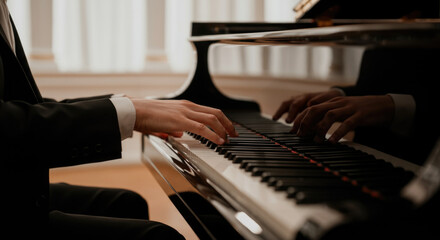 Obraz premium Male pianist playing grand piano in elegant setting