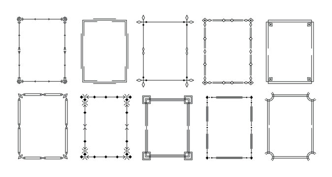 Simple geometric line square frames. Minimalist rectangular border with clean linear patterns for elegant layouts, invitations, certificates and decorative framing. Vector set.