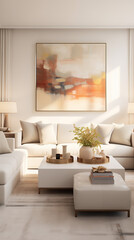 Fototapeta premium MOdern living room with big sofa, coffee table and big window.