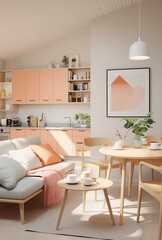 Obraz premium MOdern living room with big sofa, coffee table and big window.