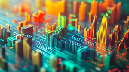 Colorful digital cityscape with data visualizations and financial graphs representing market trends in a futuristic setting