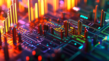 Colorful digital cityscape with data visualizations and financial graphs representing market trends in a futuristic setting