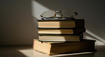Stack of books with reading glasses in soft morning light