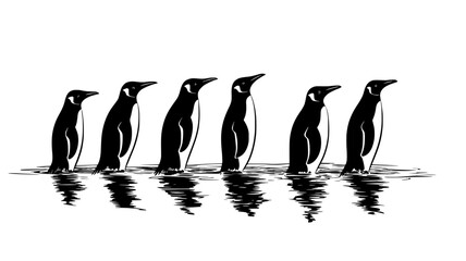 Several penguins stand in a row at the edge of the water, preparing to dive, Vectorized Animal Art