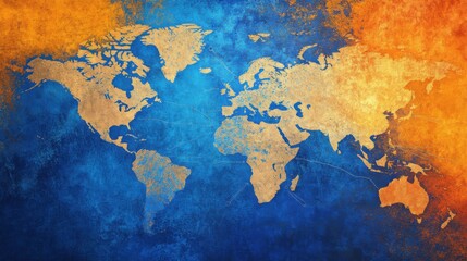 World Map in Bold Blue and Gold Hues
