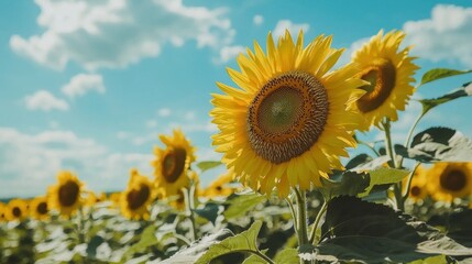 A field of bright sunflowers reaching towards a clear blue sky, symbolizing positivity and natural beauty.