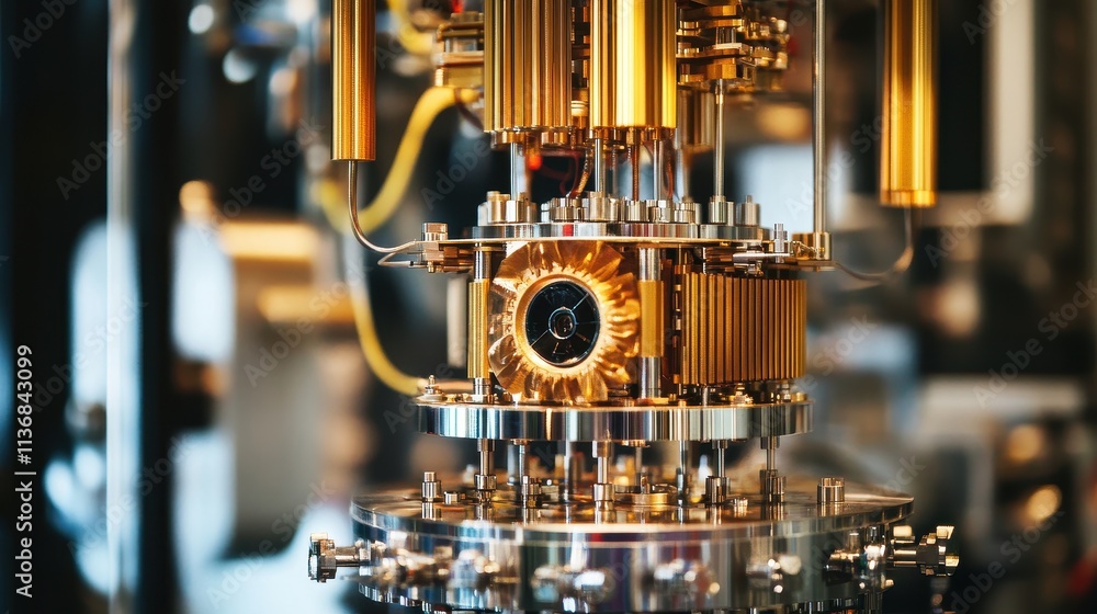 Poster intricate quantum computer with golden components in a high-tech laboratory setting