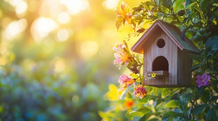 A quaint wooden birdhouse nestled within colorful flowers, capturing the essence of nature and wildlife harmony.
