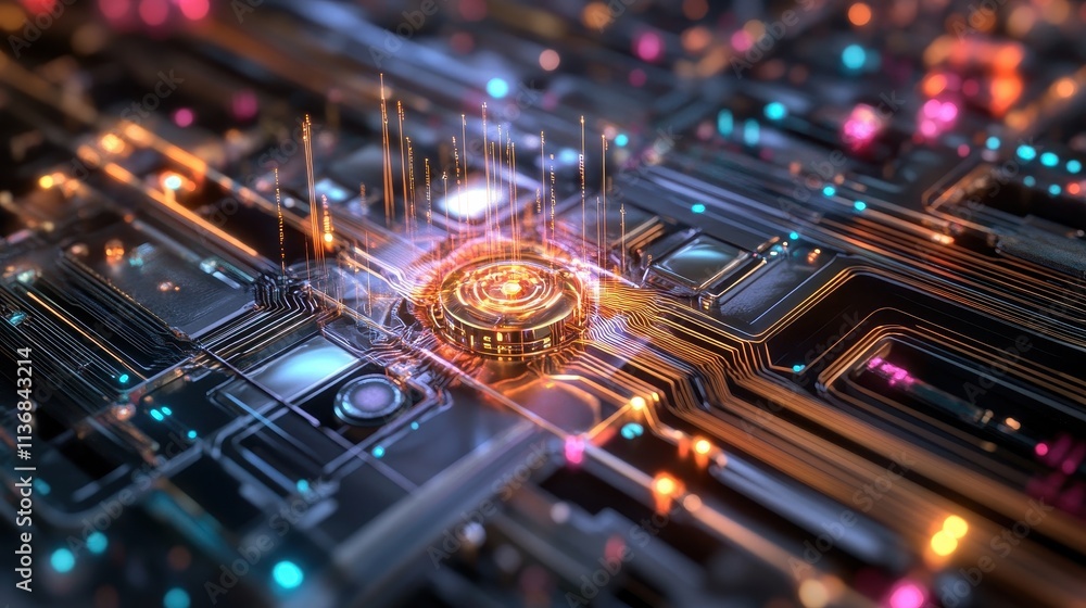 Poster futuristic circuit board pulsating with vibrant lights and complex patterns in cosmic colors