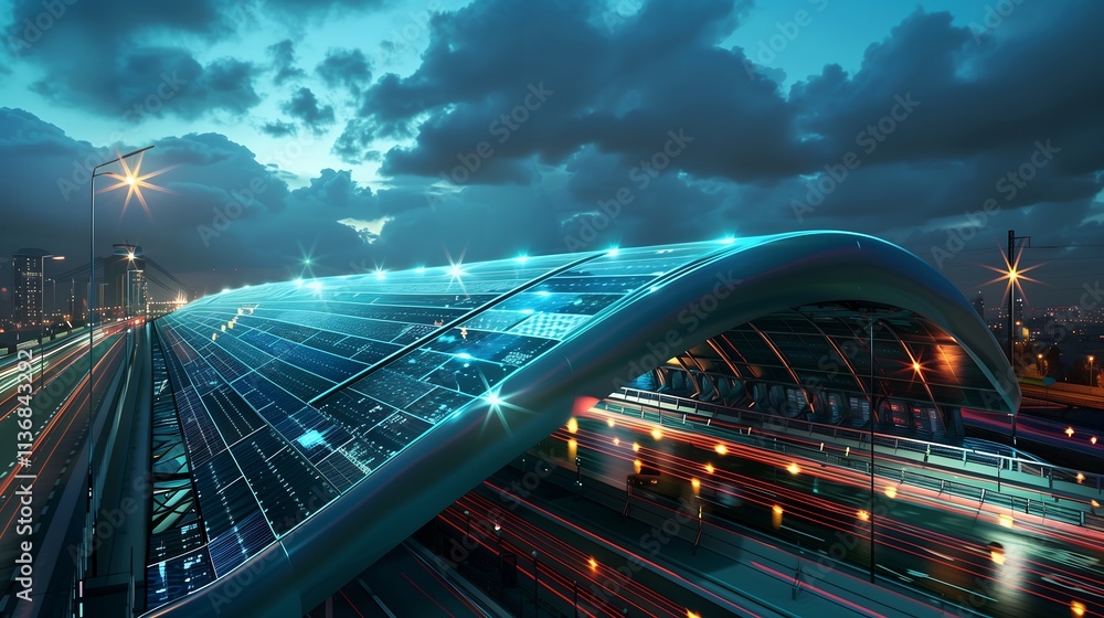 Poster futuristic bridge with modern infrastructure and technology with glass facade illustrating concepts 