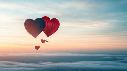 Fototapeta premium Heart-shaped hot air balloons soaring at sunrise above the clouds