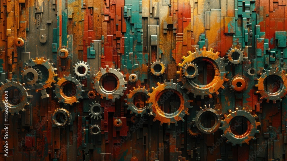 Poster a textured background featuring interlocking gears in various colors and sizes.