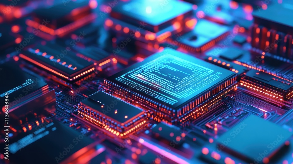 Poster futuristic circuit board with glowing microchips and neon technology patterns