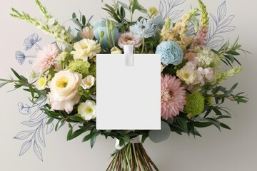 Elegant bouquet of fresh flowers with a white label, perfect for branding or personal messages, set against a neutral background