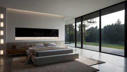 Fototapeta premium Modern bedroom featuring a minimalist design, large windows with scenic views, and a cozy bed with neutral bedding.