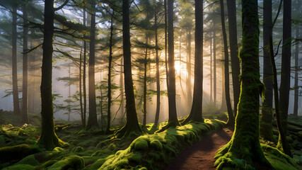 Sunlight filters through the trees, illuminating the serene forest