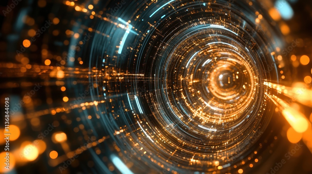 Poster futuristic circular light streaks creating a dynamic digital tunnel effect