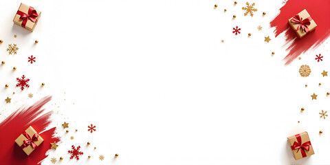 illustration of christmas background with red and gold gifts, stars and confetti with white copy space. ideal for cards, invitations, christmas marketing banners.
