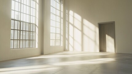 Obraz premium A serene room adorned with large windows that allow sunlight to pour in, creating beautiful light patterns across the space.