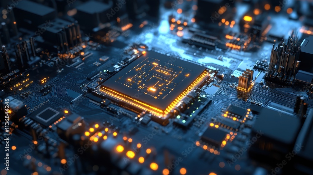 Poster glowing integrated circuit on a complex microchip with electronic components