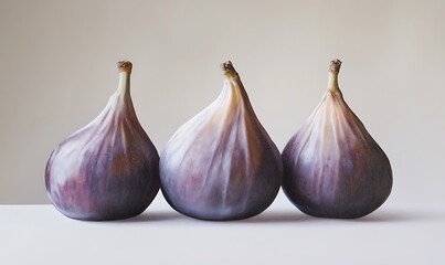 Fototapeta premium Three Dark Purple Figs Resting on White Surface
