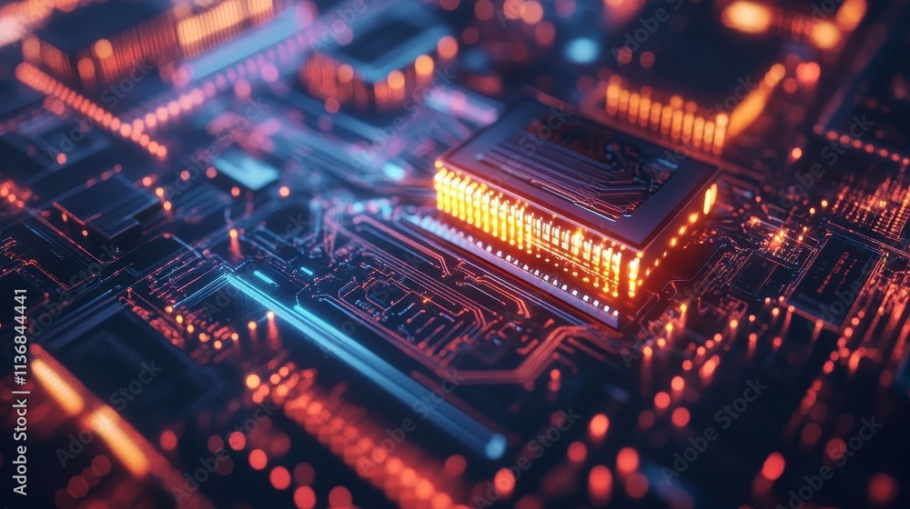 Poster close-up view of microchip on an illuminated circuit board with neon lights and metallic hues