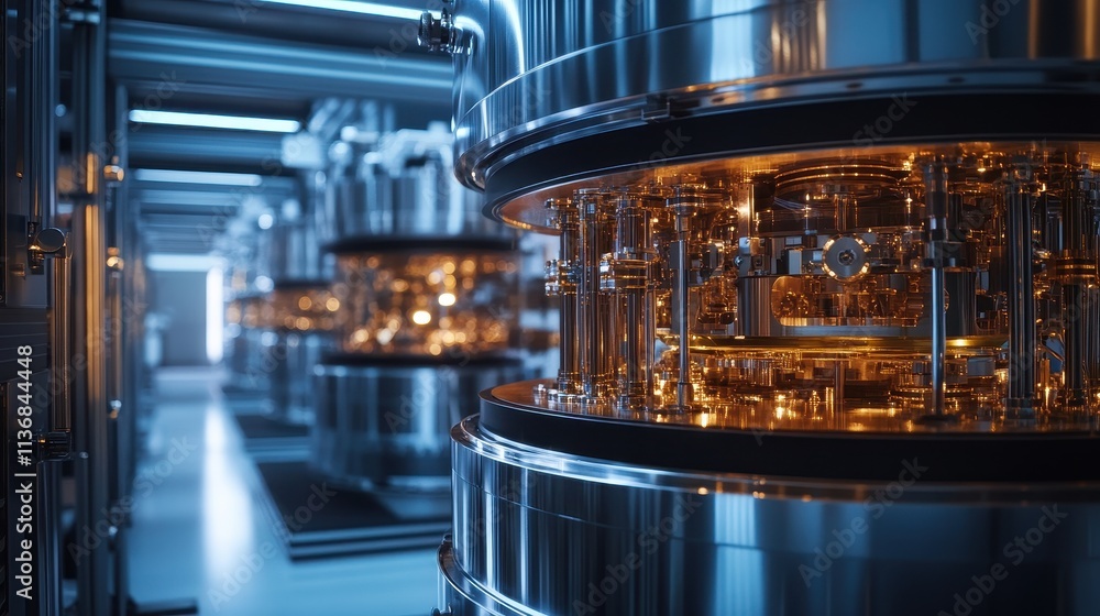Poster quantum computer data center with advanced computing technology and shiny metal components