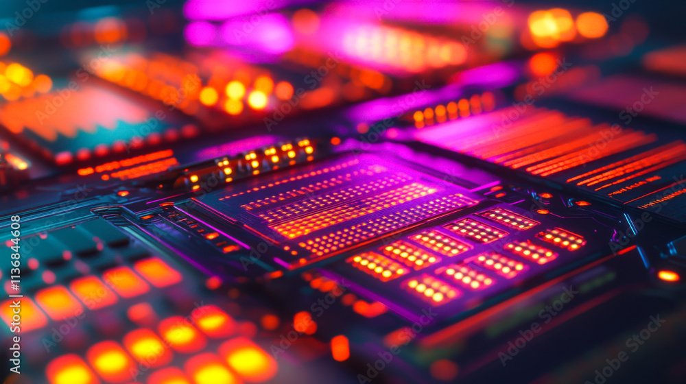 Poster colorful electronic circuit board with glowing components and intricate design in a dark setting