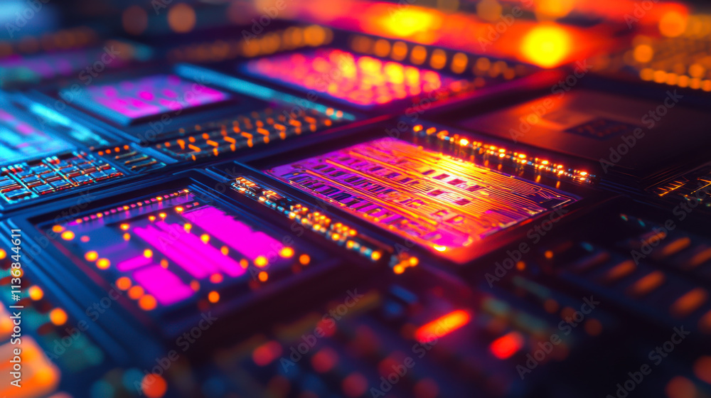 Poster colorful electronic circuit board with glowing components and intricate design in a dark setting