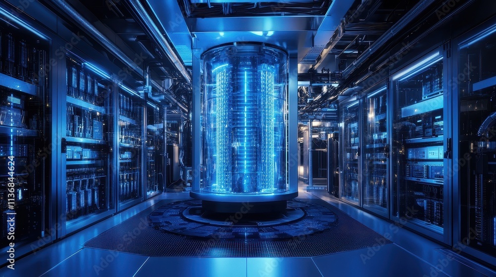Poster advanced data center with futuristic quantum computing server in blue-lit environment