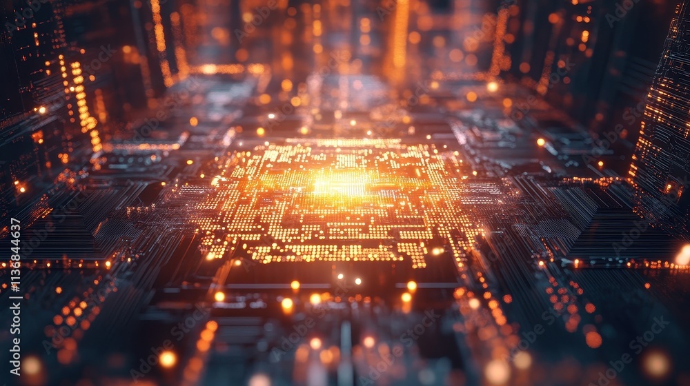 Poster futuristic digital circuit board with glowing neon lights and abstract technology patterns