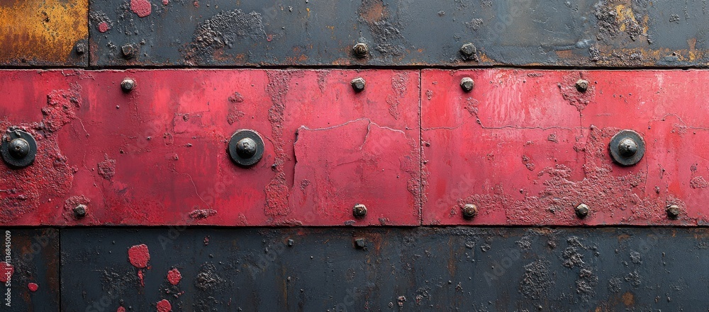 Poster a textured metal surface featuring red and black panels with rivets and rust marks.