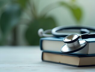 medical college student stethoscope with stack of books health care education in medicine university or school library of science literature learning of hospital clinical surgery and patient diagnosis