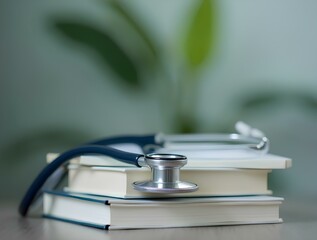 medical college student stethoscope with stack of books health care education in medicine university or school library of science literature learning of hospital clinical anatomy and patient diagnosis
