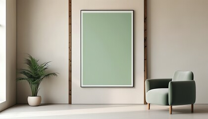 Modern green banner mockup in minimalist living room with copy space