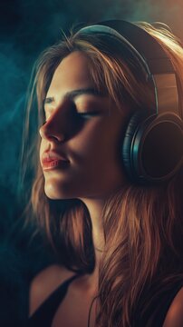 Young caucasian female immersed in music experience with headphones in moody lighting
