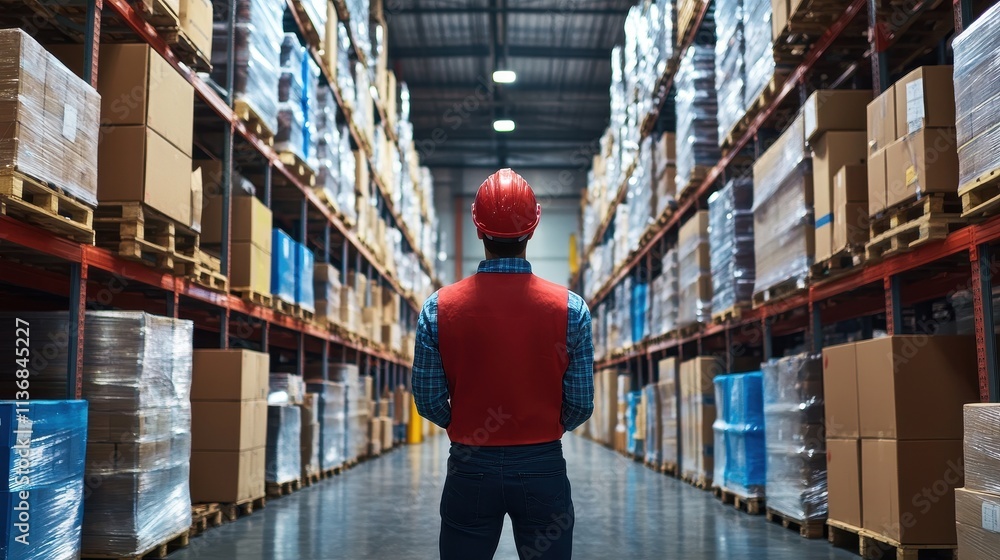 Poster warehouse worker standing in aisle full of stacked boxes and inventory in distribution center